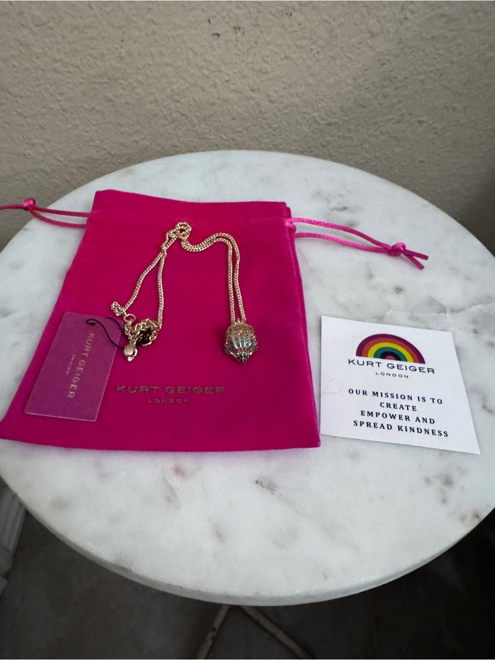 Kurt Geiger Gold Tone Necklace with Pink Pouch